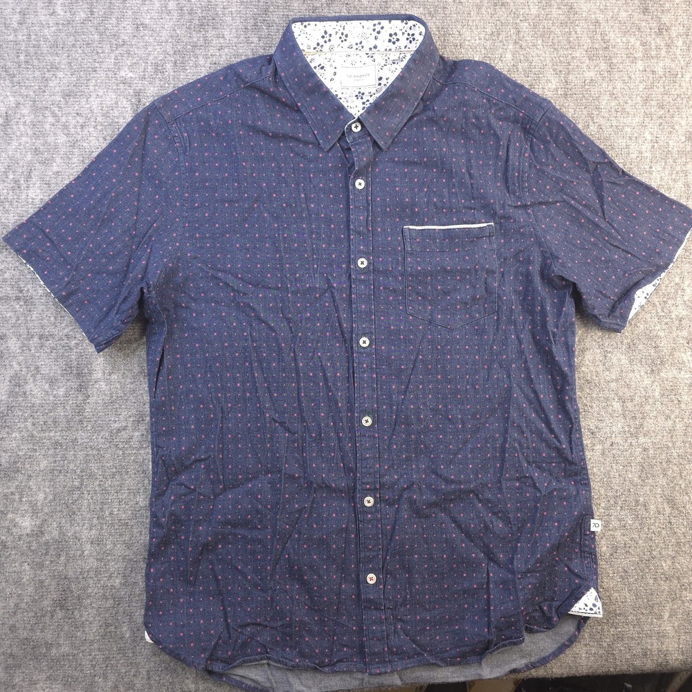 7 Diamonds Stretch Shirt Large Blue Red Polka Dot Short Sleeve Button‎ Down